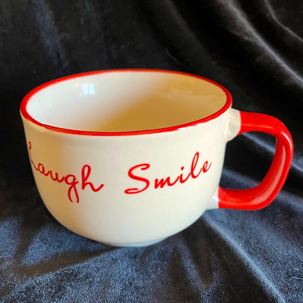 Large mug for soup or coffee. Cream and red. Dream Hope Believe Laugh Smile